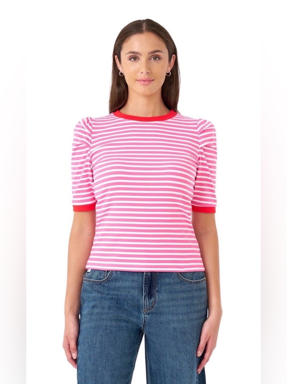 NWOT  Rebecca Minkoff Women's White & Pink Striped Puff Sleeve Top Size Large